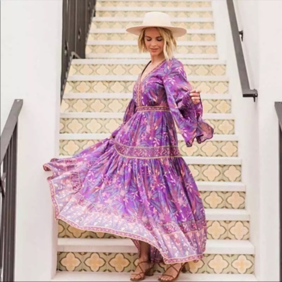 029 Boho purple Floral Print wisteria gypsy Maxi Dress - Picture 4 of 16
